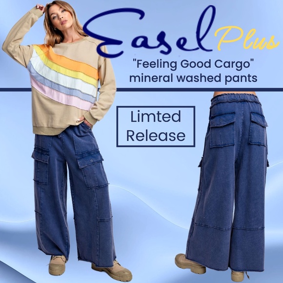 EASEL “Feeling Good Cargos” Mineral Washed Flared Leg, Raw Seams & Hems, Pockets - Picture 1 of 16